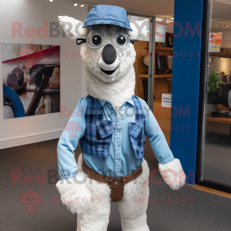 Blue Alpaca mascot costume character dressed with a Oxford Shirt and Hats Blue Alpaca mascot costume character dressed with a Oxford Shirt and Hats