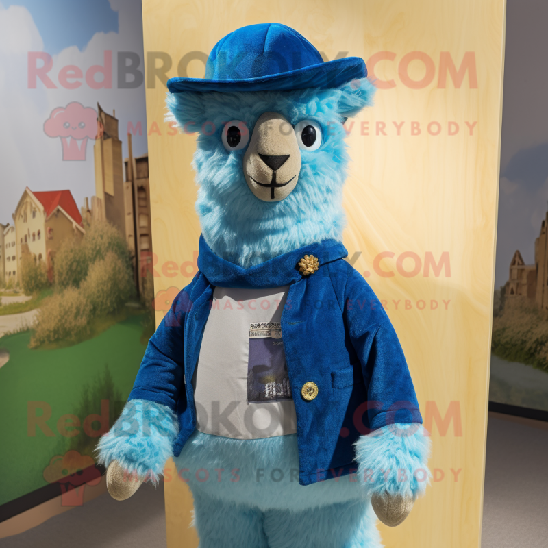 Blue Alpaca mascot costume character dressed with a Oxford Shirt and Hats