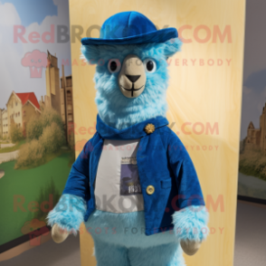 Blue Alpaca mascot costume character dressed with a Oxford Shirt and Hats