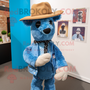 Blue Alpaca mascot costume character dressed with a Oxford Shirt and Hats