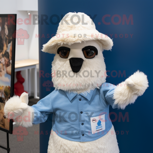 Blue Alpaca mascot costume character dressed with a Oxford Shirt and Hats