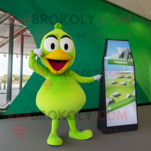 Lime Green Swan mascot costume character dressed with a One-Piece Swimsuit and Wallets