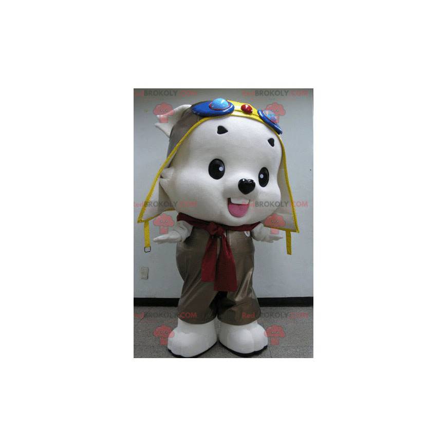 White teddy bear mascot in aviator outfit - Redbrokoly.com