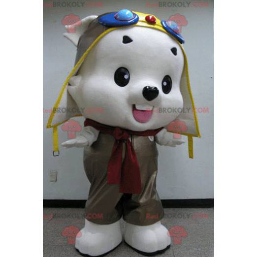 Mascota del oso de peluche blanco en traje de aviador -