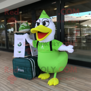Lime Green Swan mascot costume character dressed with a One-Piece Swimsuit and Wallets