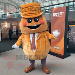 Rust Croissant mascot costume character dressed with a Waistcoat and Cufflinks