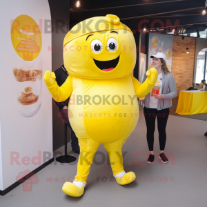 Lemon Yellow Goulash mascot costume character dressed with a Jeggings and Watches