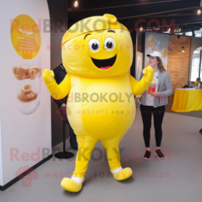 Lemon Yellow Goulash mascot costume character dressed with a Jeggings and Watches