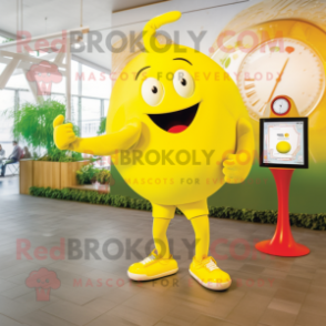 Lemon Yellow Goulash mascot costume character dressed with a Jeggings and Watches