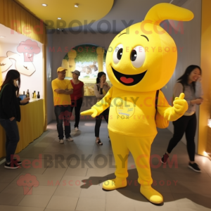 Lemon Yellow Goulash mascot costume character dressed with a Jeggings and Watches