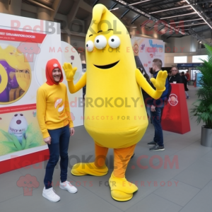 Lemon Yellow Goulash mascot costume character dressed with a Jeggings and Watches