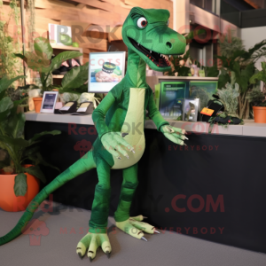 Forest Green Coelophysis mascot costume character dressed with a Playsuit and Shoe clips