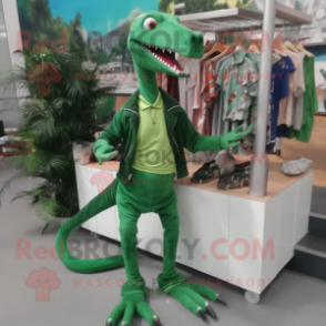 Forest Green Coelophysis mascot costume character dressed with a Playsuit and Shoe clips