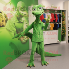 Forest Green Coelophysis mascot costume character dressed with a Playsuit and Shoe clips