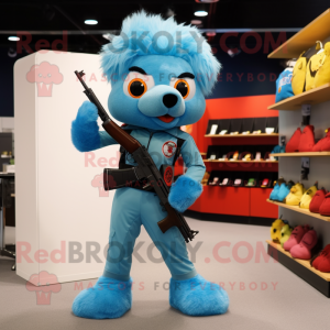 Sky Blue Sniper mascot costume character dressed with a Henley Tee and Hair clips