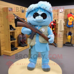 Sky Blue Sniper mascot costume character dressed with a Henley Tee and Hair clips