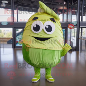 Lime Green Lasagna mascot costume character dressed with a Jeans and Headbands