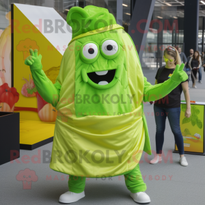 Lime Green Lasagna mascot costume character dressed with a Jeans and Headbands