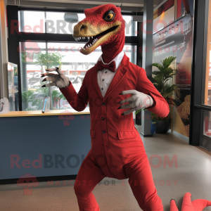 Red Velociraptor mascot costume character dressed with a Dress Shirt and Lapel pins