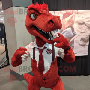 Red Velociraptor mascot costume character dressed with a Dress Shirt and Lapel pins