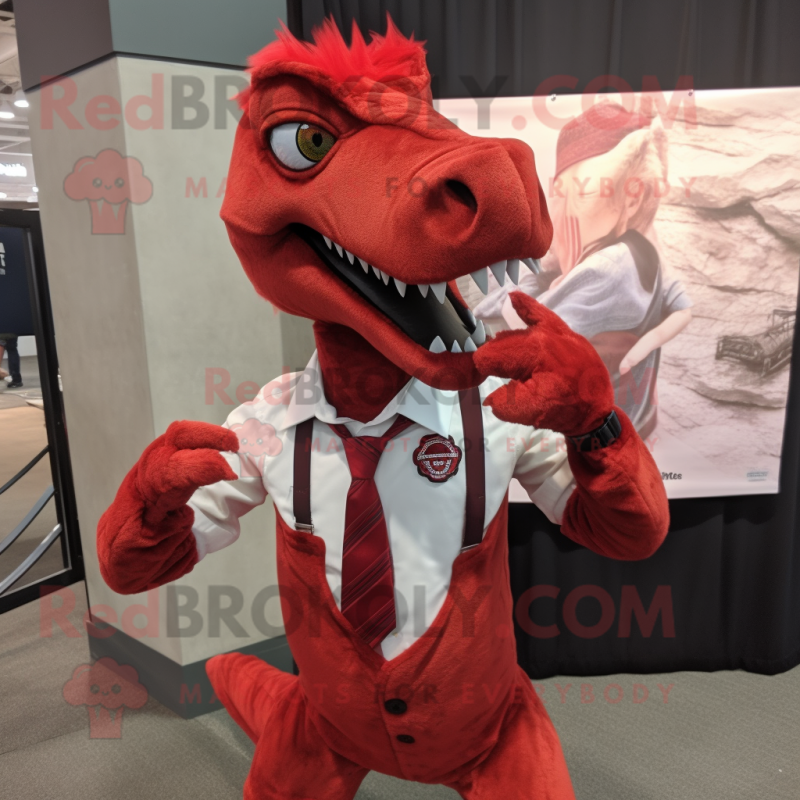 Red Velociraptor mascot costume character dressed with a Dress Shirt and Lapel pins Red Velociraptor mascot costume character dressed with a Dress Shirt and Lapel pins