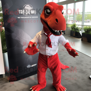 Red Velociraptor mascot costume character dressed with a Dress Shirt and Lapel pins