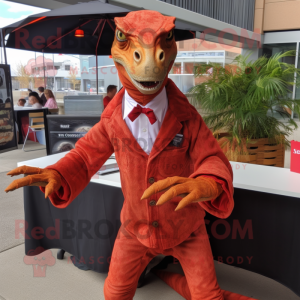 Red Velociraptor mascot costume character dressed with a Dress Shirt and Lapel pins