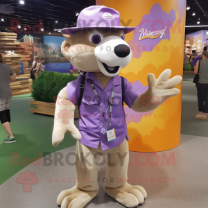 Purple Weasel mascot costume character dressed with a Cargo Shorts and Hat pins