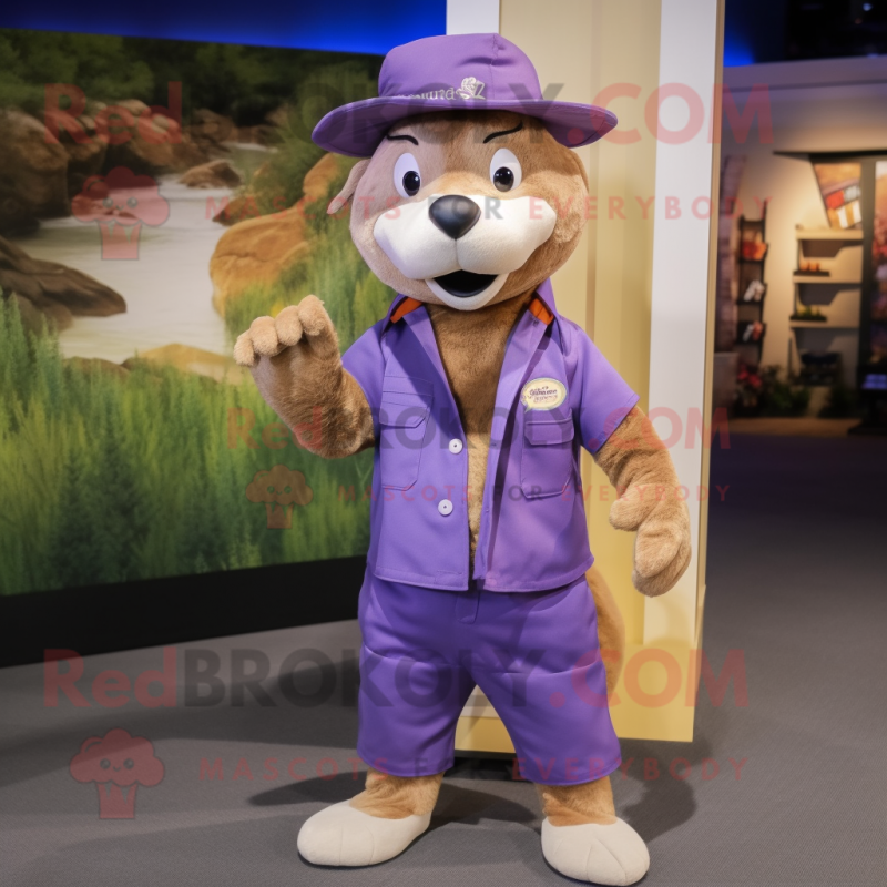 Purple Weasel mascot costume character dressed with a Cargo Shorts and Hat pins Purple Weasel mascot costume character dressed with a Cargo Shorts and Hat pins