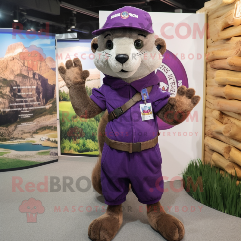 Purple Weasel mascot costume character dressed with a Cargo Shorts and Hat pins