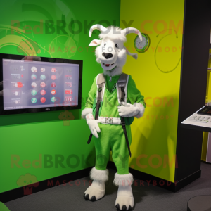 Lime Green Goat mascot costume character dressed with a Waistcoat and Digital watches
