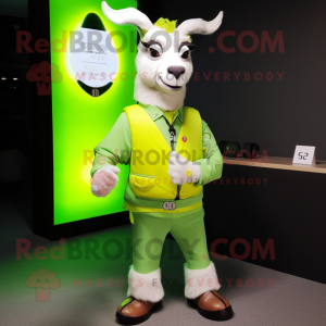Lime Green Goat mascot costume character dressed with a Waistcoat and Digital watches