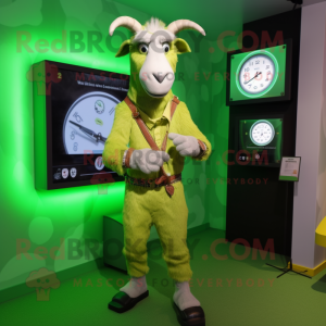 Lime Green Goat mascot costume character dressed with a Waistcoat and Digital watches