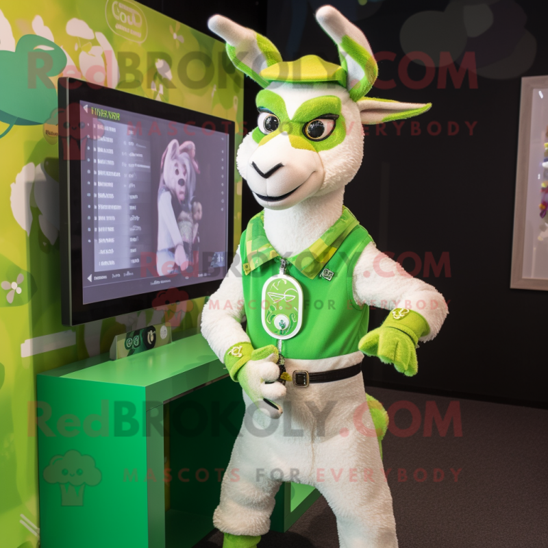 Lime Green Goat mascot costume character dressed with a Waistcoat and Digital watches