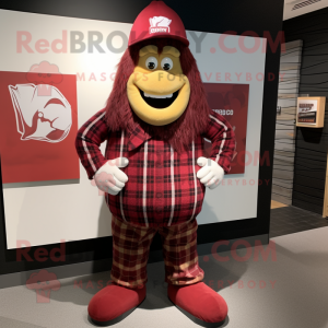 Maroon Chief mascot costume character dressed with a Flannel Shirt and Pocket squares