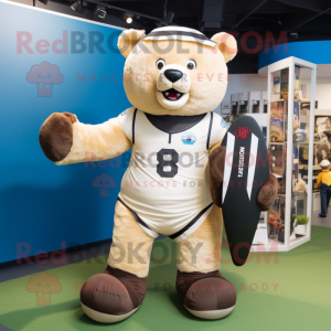 Beige Bear mascot costume character dressed with a Rugby Shirt and Backpacks