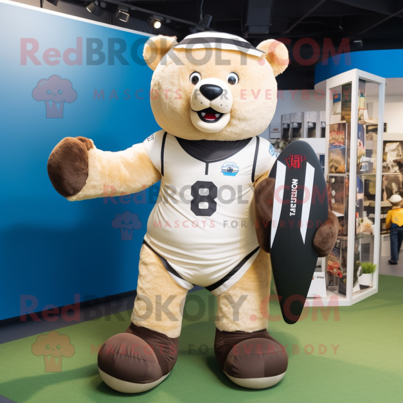 Beige Bear mascot costume character dressed with a Rugby Shirt and Backpacks Beige Bear mascot costume character dressed with a Rugby Shirt and Backpacks