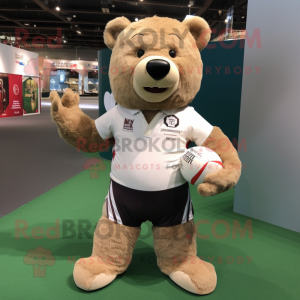 Beige Bear mascot costume character dressed with a Rugby Shirt and Backpacks