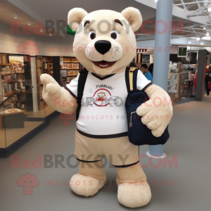 Beige Bear mascot costume character dressed with a Rugby Shirt and Backpacks