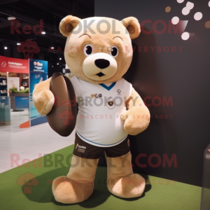 Beige Bear mascot costume character dressed with a Rugby Shirt and Backpacks