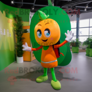 Green Orange mascot costume character dressed with a Mini Dress and Backpacks