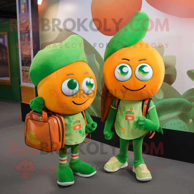 Green Orange mascot costume character dressed with a Mini Dress and Backpacks