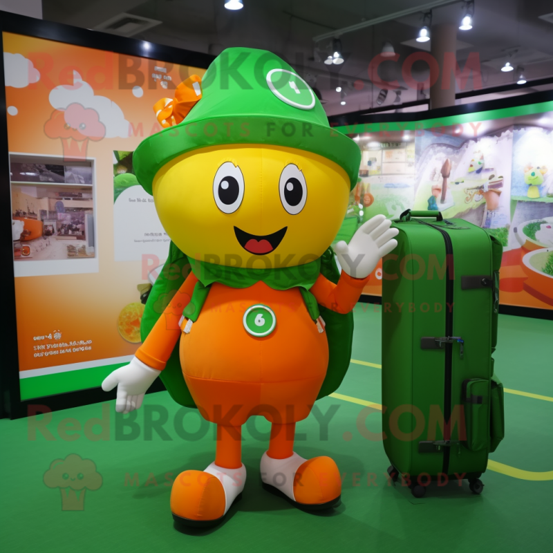 Green Orange mascot costume character dressed with a Mini Dress and Backpacks