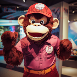 Maroon Chimpanzee mascot costume character dressed with a Bikini and Berets