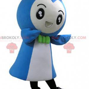 Mascote do boneco de neve azul e branco muito sorridente -