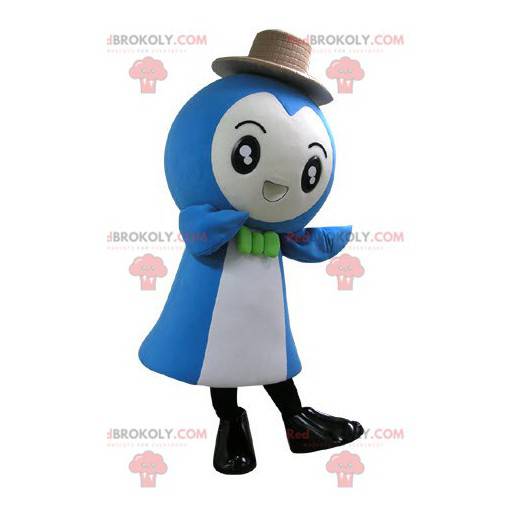 Mascote do boneco de neve azul e branco muito sorridente -