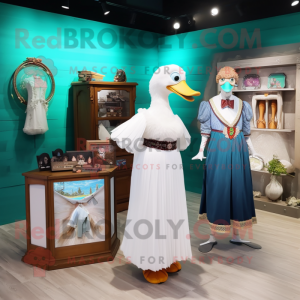 Teal Muscovy Duck mascot costume character dressed with a Wedding Dress and Watches