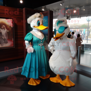 Teal Muscovy Duck mascot costume character dressed with a Wedding Dress and Watches