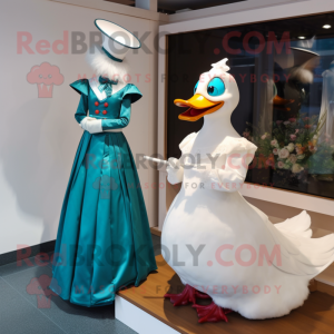 Teal Muscovy Duck mascot costume character dressed with a Wedding Dress and Watches