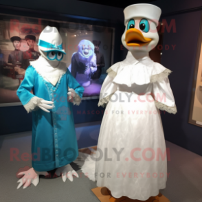 Teal Muscovy Duck mascot costume character dressed with a Wedding Dress and Watches